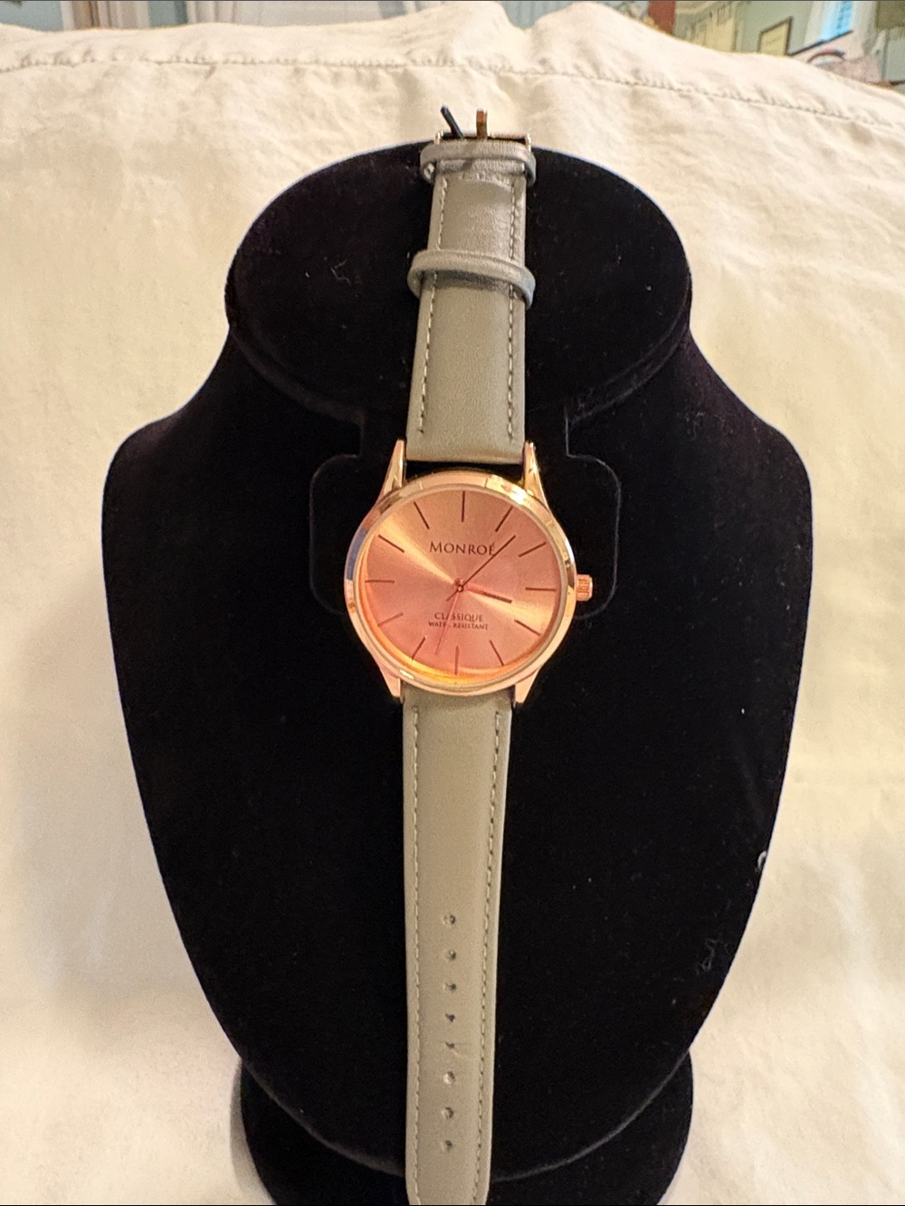 Women's Gray Leather Strap Watch with Rose Gold Dial
